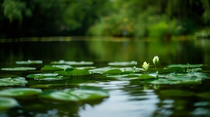 Serene water lilies bloom gently on a calm pond, their white petals contrasting beautifully with the lush green lily pads and tranquil dark water. : Generative AI
