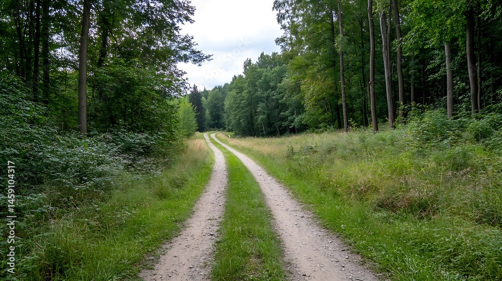 Poster A gravel path winds through a lush green forest, sunlight dappling through the leaves, creating a serene and peaceful atmosphere. : Generative AI