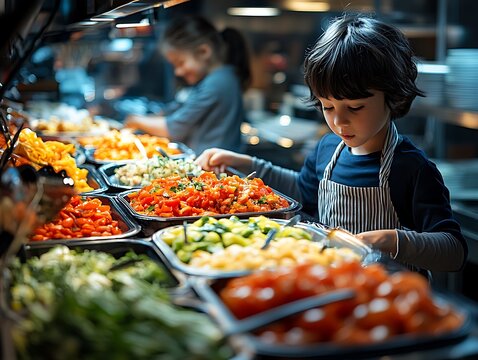 Lunchtime Selection: A young student carefully considers the various options laid out before him in a cafeteria setting, showcasing a diverse array of food choices.