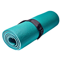 A teal blue yoga mat rolled up with a black strap. The mat is textured and has a sporty look.