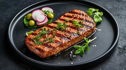 A beautifully grilled steak served on a black plate, garnished with fresh herbs and accompanied by colorful vegetables.