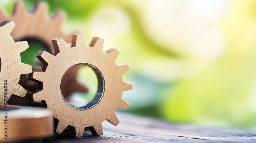 Poster close-up of interlocking golden gears against a blurred green background, symbolizing teamwork, coll