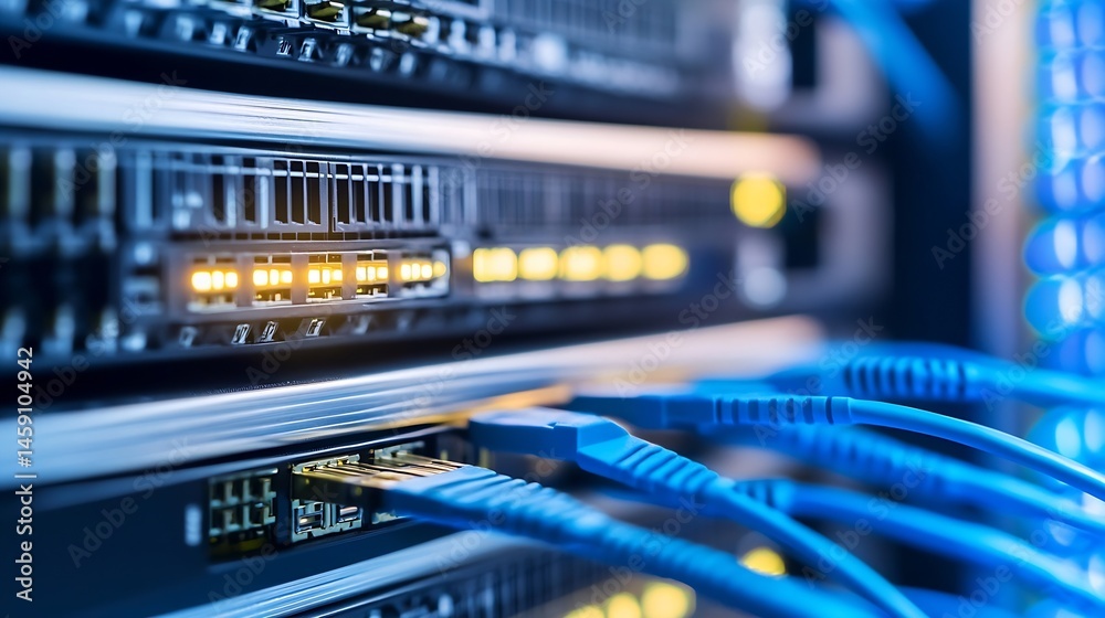 Poster close-up view of network server equipment with glowing lights and blue fiber optic cables plugged in