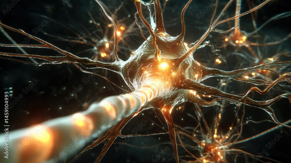 Poster microscopic view of a neuron, its axon, and dendrites firing, showcasing intricate neural network co