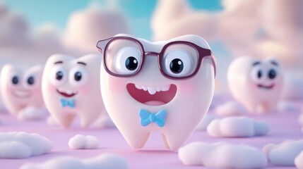 Fototapeta premium Growing tooth portrayed as young student in tooth school, surrounded by mentor teeth wearing tiny professor glasses and bow ties, anatomical details shown through cute infographic elements, soft