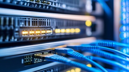 Close-up view of network server equipment with glowing lights and blue fiber optic cables plugged into ports, showcasing modern data center technology. : Generative AI