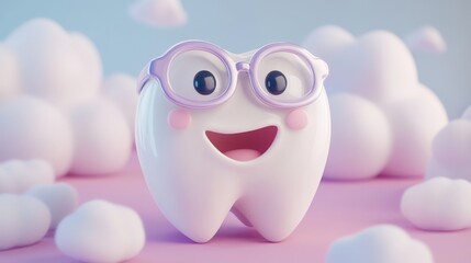 Obraz premium Growing tooth portrayed as young student in tooth school, surrounded by mentor teeth wearing tiny professor glasses and bow ties, anatomical details shown through cute infographic elements, soft