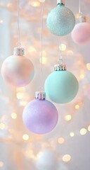 Obraz premium Pastel-colored Christmas decorations on a white background, with bokeh lights and hanging ornaments.