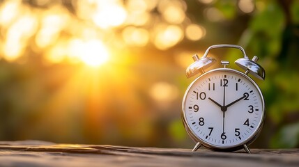 Classic alarm clock on wooden surface at sunrise, showcasing a tranquil morning scene with blurred bokeh background of sunlit foliage. : Generative AI