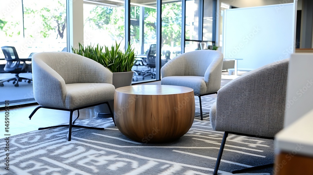 Aufkleber modern office lounge area with three gray fabric armchairs arranged around a round wooden coffee tab
