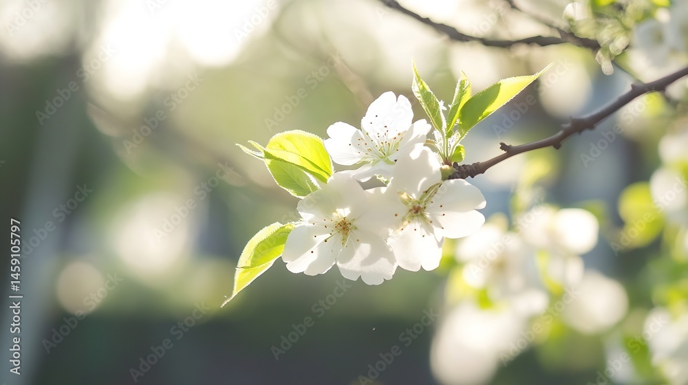 Poster close-up of delicate white pear blossoms on a branch, bathed in soft sunlight, with green leaves, cr