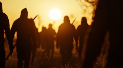 Fototapeta premium Silhouetted figures walking at sunset, carrying weapons, creating a mysterious and dramatic scene. The warm light of the setting sun casts long shadows, enhancing the mood. : Generative AI