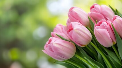 Obraz premium Close-up view of a bouquet of delicate pink tulips, their petals softly illuminated, set against a blurred green background suggesting a springtime garden. : Generative AI