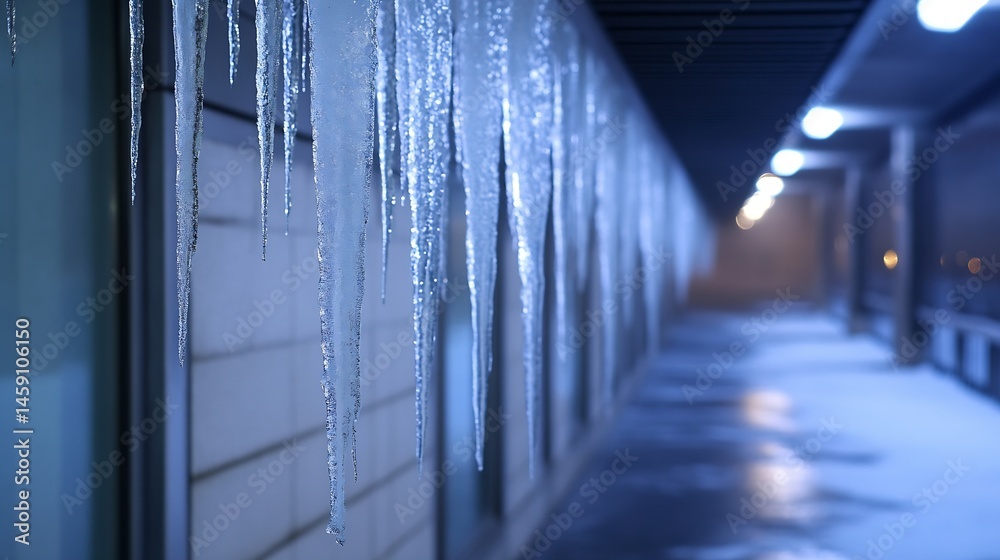 Aufkleber numerous icicles hang from a building's edge at night, their translucent forms illuminated by soft b
