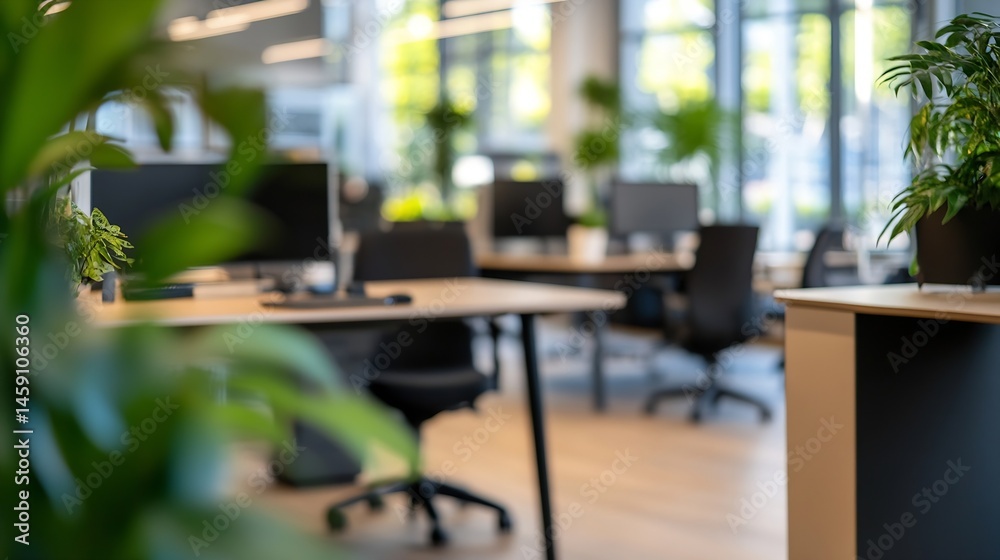 Poster modern office interior with blurred view of desks, computers, and green plants, creating a calm and 