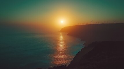 Fototapeta premium Coastal serenity: Vibrant sunset mirroring on tranquil ocean with silhouette shoreline