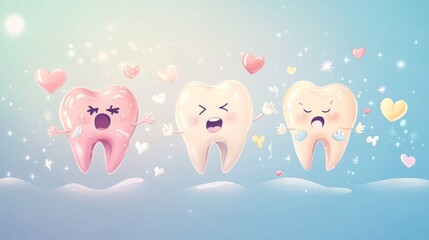 Playful montage of super deformed tooth characters showing dental health journey, from cavity monster with sad face to squeaky clean tooth with victory pose, pastel blue gradient background with