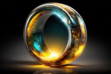 Translucent circular object with swirling liquid and light effects.