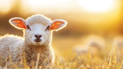 Adorable lamb in golden sunset pasture, fluffy white wool, innocent gaze, peaceful rural scene, springtime imagery. : Generative AI