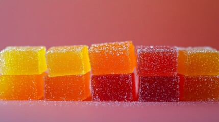 Artistically arranged layers of colorful marmalade squares creating an ombre effect from yellow to orange to red, dusted with fine sugar crystals, soft gradient background, extreme detail showing