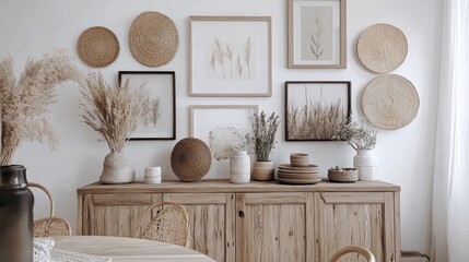 Antique sideboard beneath a modern gallery wall with bold frames and neutral decor