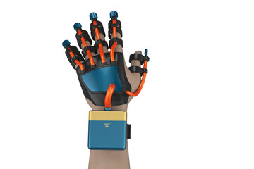 Futuristic Haptic Feedback Glove for Virtual Reality Advanced VR Glove with Sensors and Actuators for Realistic Hand Interactions SMART GLOVE EXOSKELETON HANDROBOT on a Transparent Background PNG
