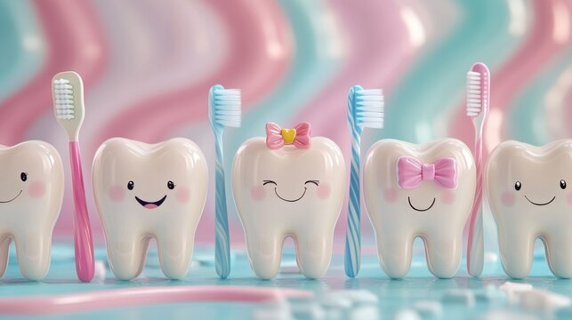 Family of smiling tooth characters lined up by size showing proper brushing technique, each tooth wearing tiny accessories like bow ties and hair bows, wielding colorful toothbrushes, baby blue and