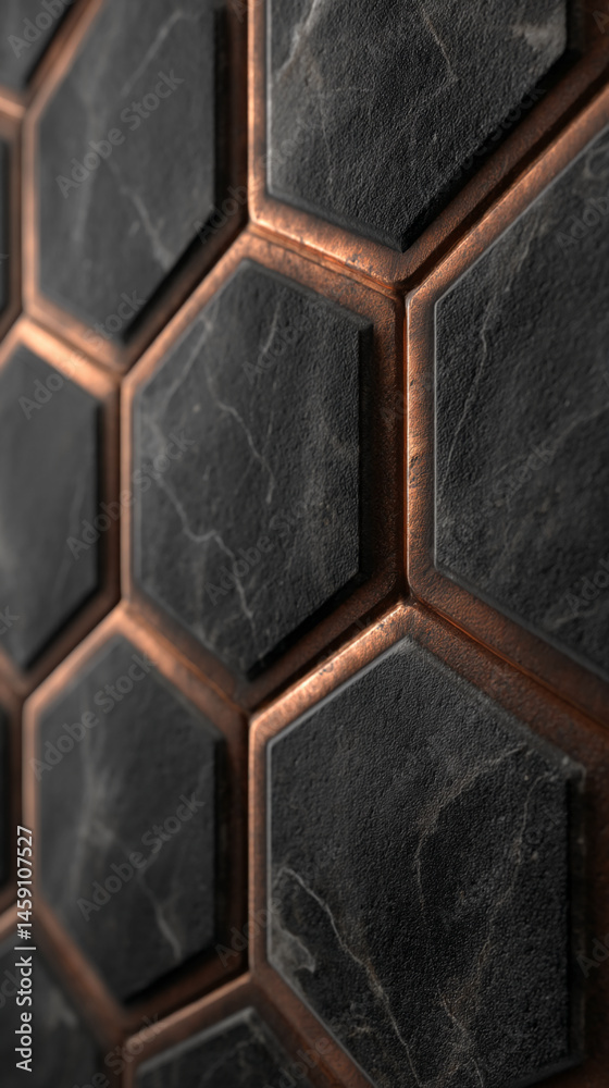 Poster Close-up of dark stone hexagon tiles with copper accents, creating a geometric and textured surface, showcasing a modern and luxurious design ideal for background or presentation