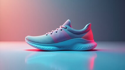 Zero Drop Shoes. Futuristic minimalist design. Abstract futuristic concept. Sleek, futuristic shoe glows on reflective surface amidst calm pink and blue backdrop.