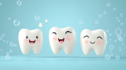 Obraz premium Playful tooth transformation animation frames, emotional facial expressions, foam bubbles effect, sparkle highlights, baby blue backdrop, flat design illustration, children educational style