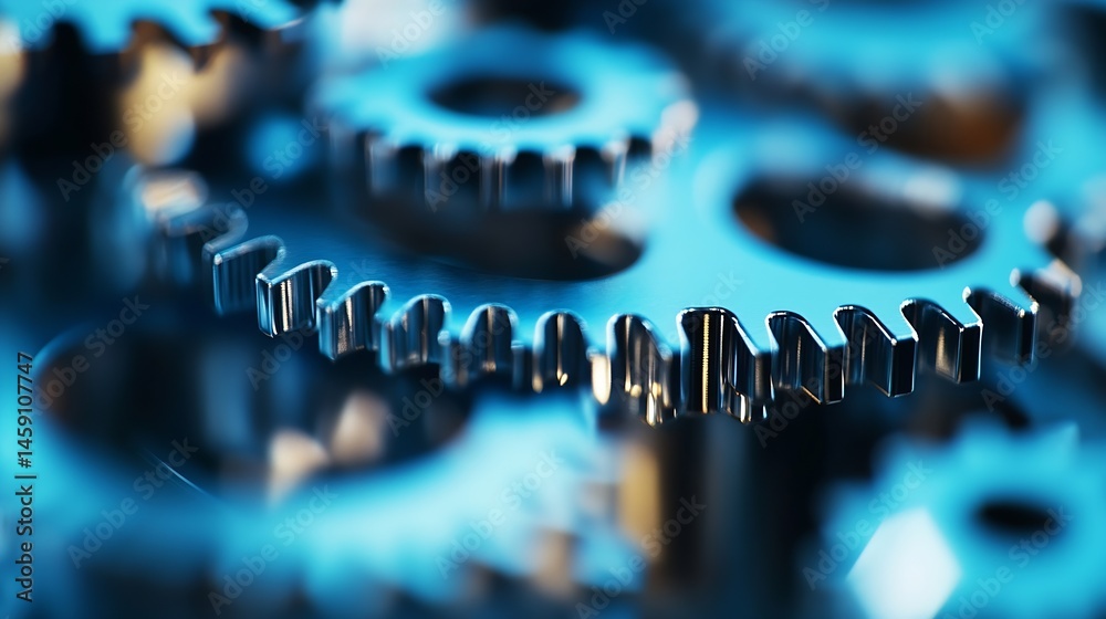 Poster close-up of metallic gears interlocked, showcasing intricate details and a cool blue tone. the image