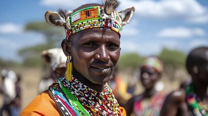 Obraz premium Portrait of a Maasai man wearing traditional beaded headdress and necklaces, smiling gently against a blurred background of savanna and other people. : Generative AI