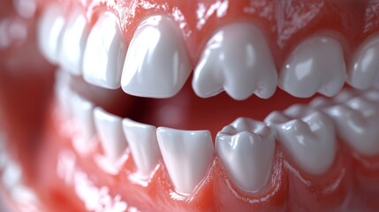 Close-up dental anatomy render, periodontal inflammation detail, pearly white teeth surfaces, angry red gum tissue, professional medical visualization, cinematic depth of field, volumetric lighting,