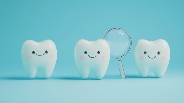 Playful dental character sequence, magnifying glass inspection poses, happy smiling faces, rosy cheeks, minimalist design, powder blue backdrop, children educational style