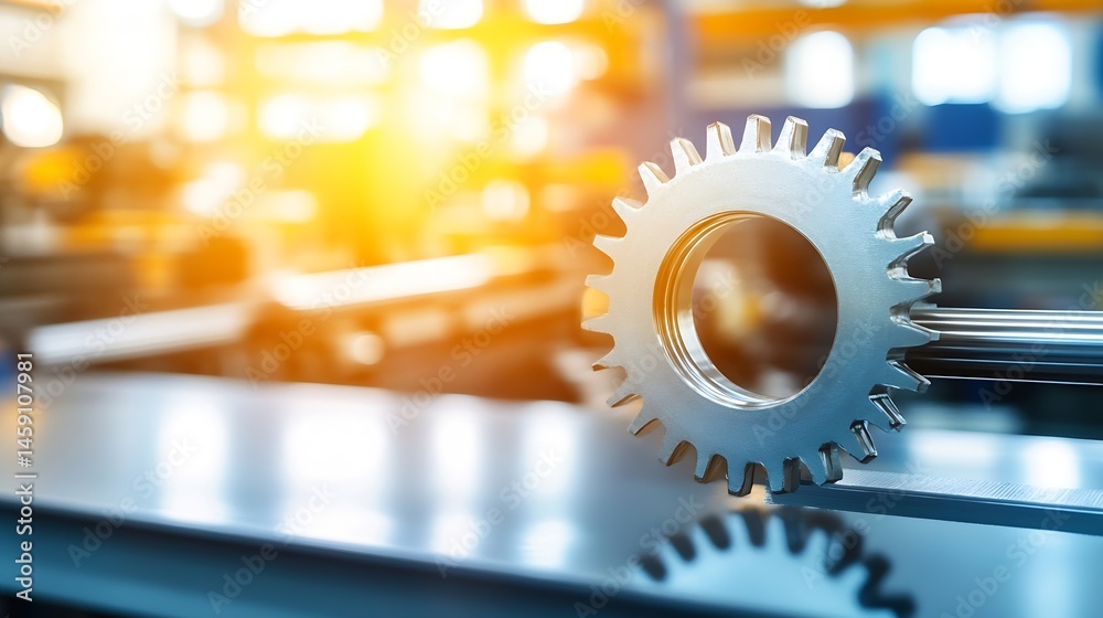 Poster close-up of a metallic gear, precisely engineered, resting on a steel surface within a modern indust