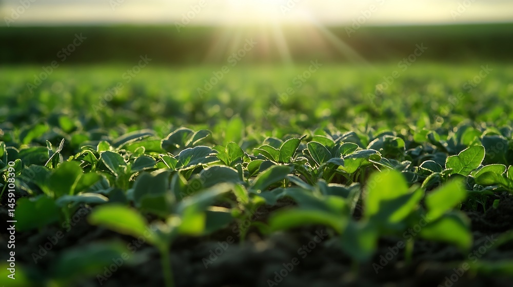 Poster vibrant green soybean seedlings thrive in a sun-drenched field, showcasing the promise of a bountifu