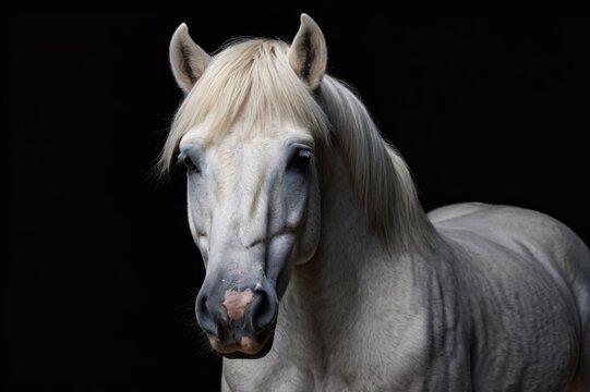 portrait of white horse on black background