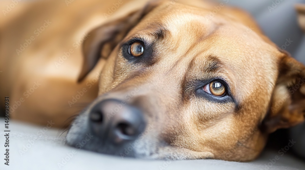 Aufkleber close-up portrait of a relaxed, light brown dog resting its head on a surface, showcasing its expres