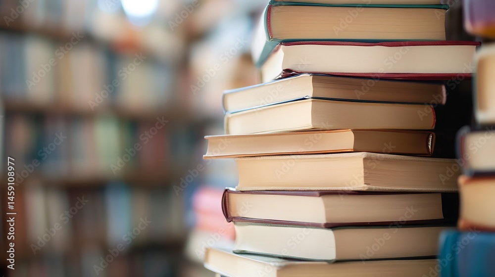 Poster Close-up view of a stack of hardcover books, showcasing various colors and textures, set against a blurred background of a bookshelf filled with numerous books. : Generative AI