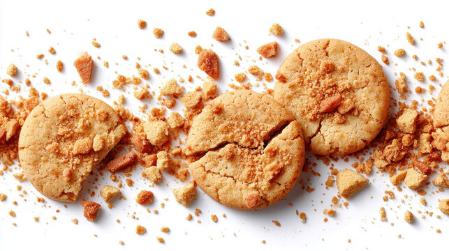 Golden cookies scattered with crumbs on a white background