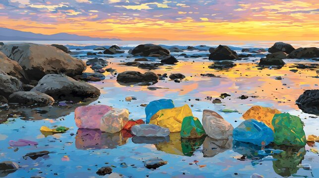 World ocean day dramatic sunset over ocean littered with plastic coastal environment captured viewpoint