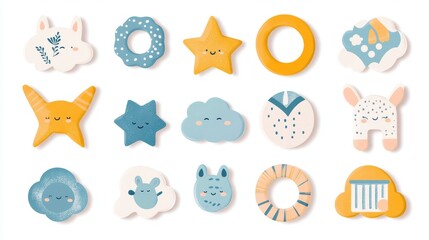 Vector illustration set of various teething ring shapes - star, circle, cloud patterns with organic certification badges floating around them, each ring decorated with playful animal faces and safe