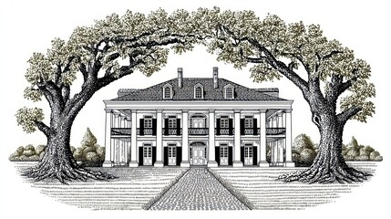 Classical Style House Drawing with Large Trees