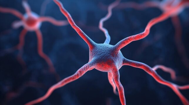 A close-up, digital illustration of a neuron cell with branching dendrites, representing neural networks and brain function.