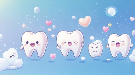 Playful montage of super deformed tooth characters showing dental health journey, from cavity monster with sad face to squeaky clean tooth with victory pose, pastel blue gradient background with