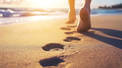 Barefoot woman walking on a sandy beach at sunset, leaving footprints in the golden sand.  Ocean waves gently lap the shore in the background. : Generative AI