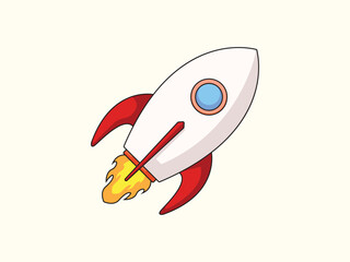 rocket booster icon with flat view, featuring red and white body, blue window, and fiery yellow flame