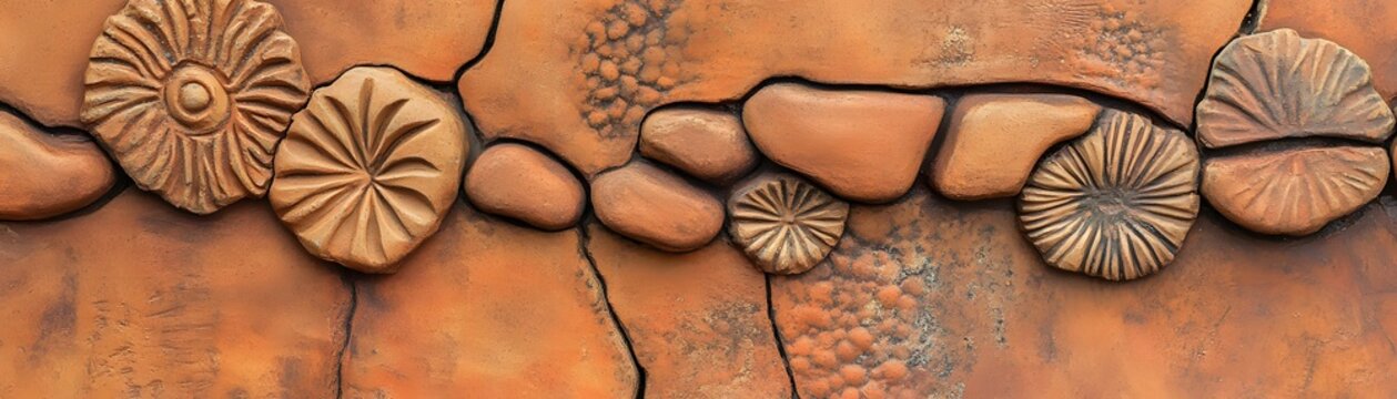 Decorative terracotta wall panel with textured circular designs.