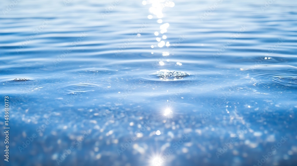 Poster Close-up view of sunlight reflecting on calm, blue water surface with gentle ripples and small bubbles, creating a serene and tranquil scene. : Generative AI