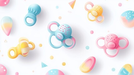 Whimsical pacifier illustrations floating in white space, each with distinct personality and design elements, smooth vector gradients, playful geometric patterns, pastel rainbow color palette,